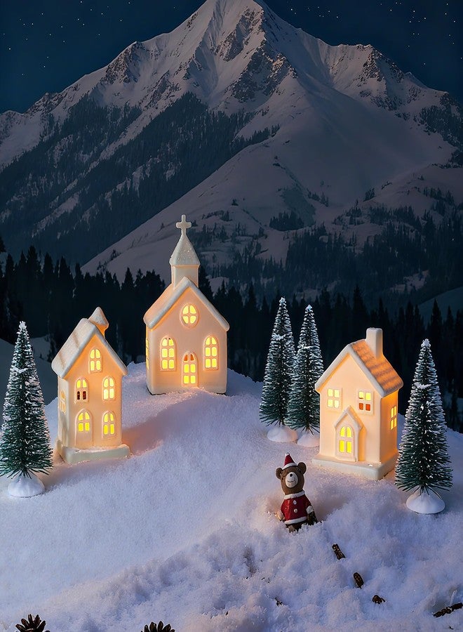 Peninpha 7PCS Christmas Village Sets - 3 LED Lighted Ceramic White Houses with 4 Decorative Christmas Trees Remote Control Led Candles for Xmas Home Tabletop Mantel Shelf Decor - Image 2